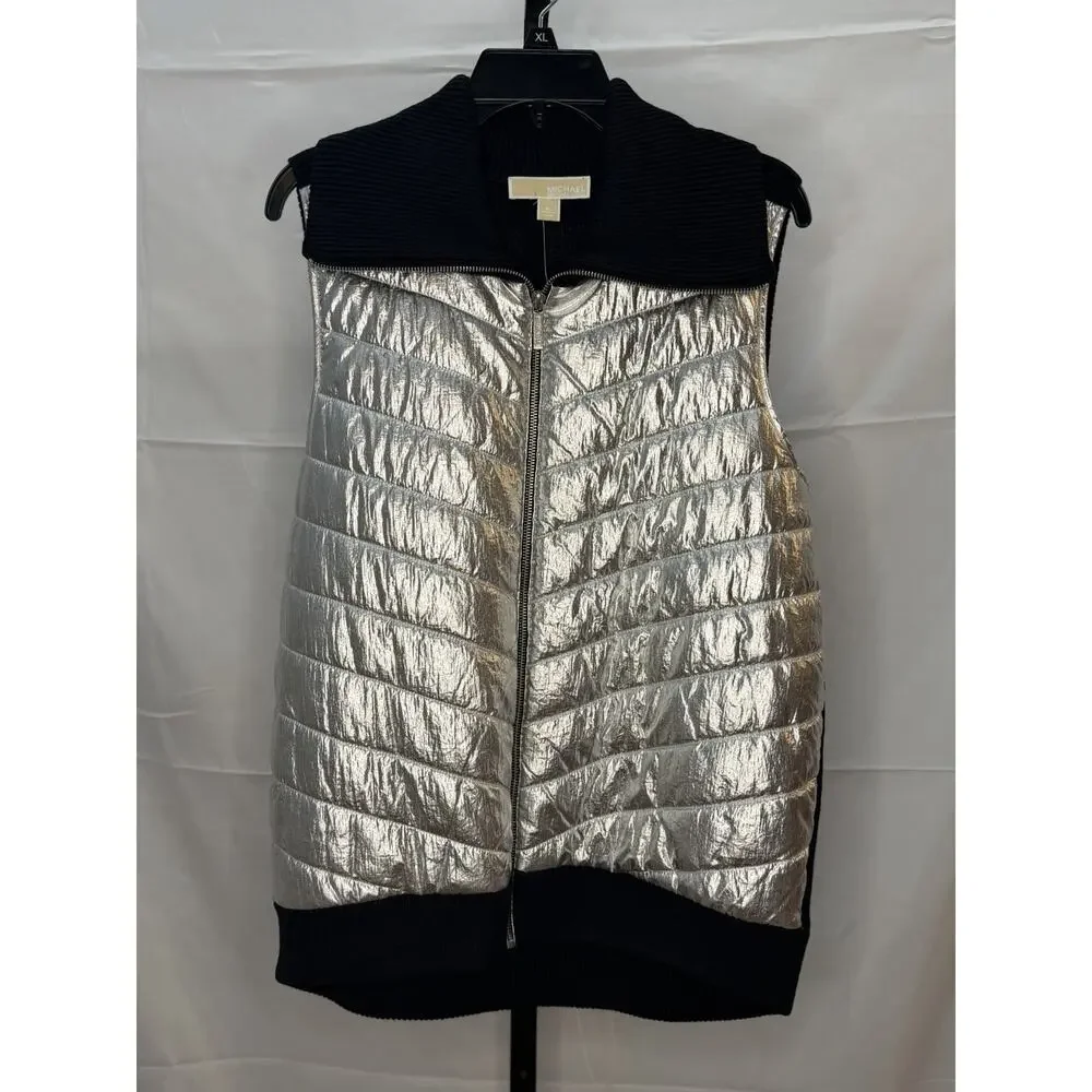 Michael Kors Puffer Vest Sweater Black Silver Foil Metallic Size XL NWT